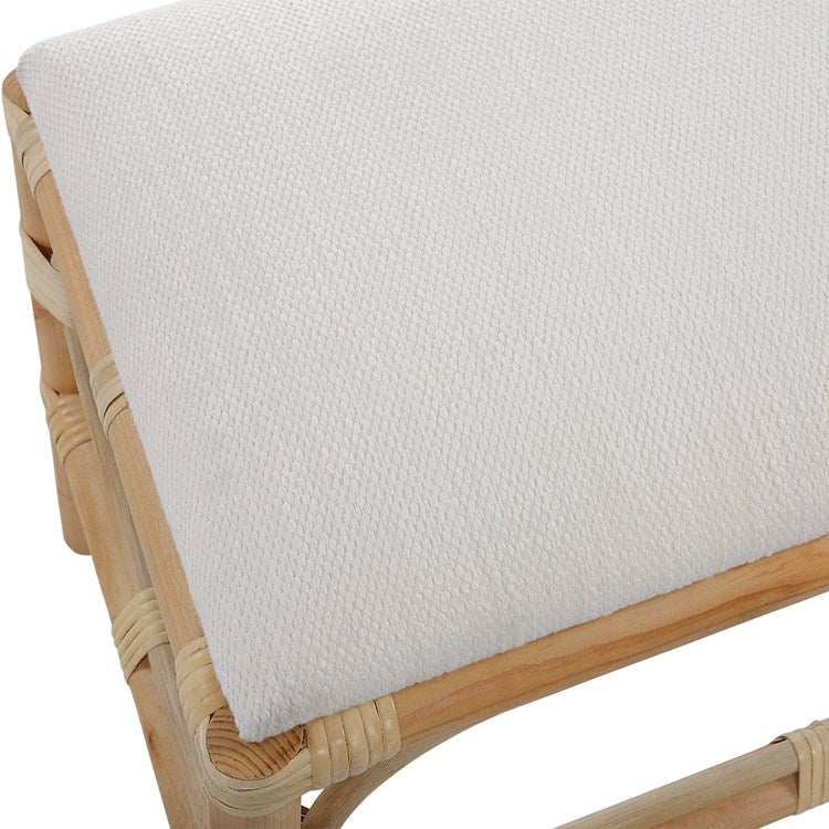 Uttermost Laguna Textured White Fabric Seat Cushion Rattan Wrapped Coastal Small Bench - Image 5