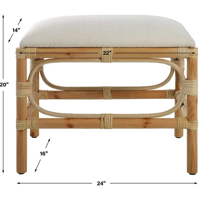 Uttermost Laguna Textured White Fabric Seat Cushion Rattan Wrapped Coastal Small Bench - Image 7