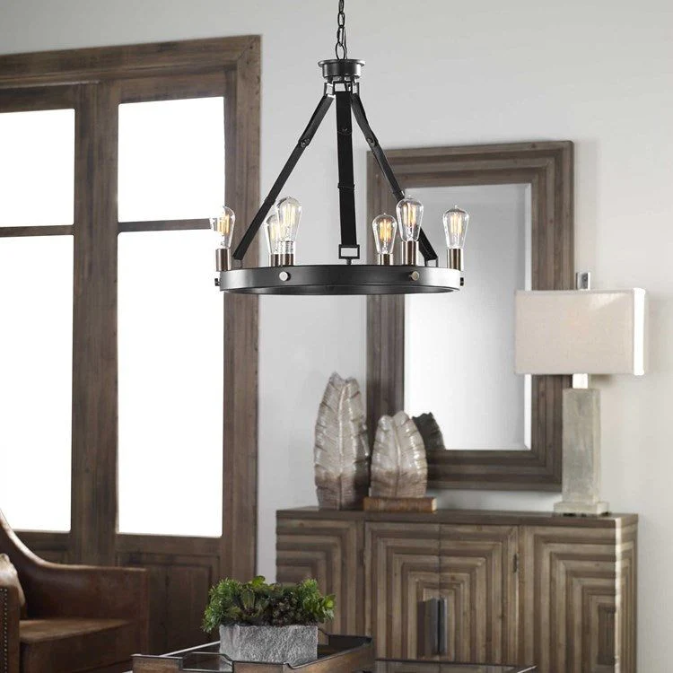 Uttermost Marlow Dark Antique and Weathered Bronze with Leather Straps 6 Light Round Chandelier
