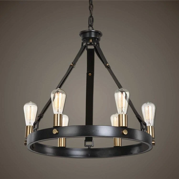 Uttermost Marlow Dark Antique and Weathered Bronze with Leather Straps 6 Light Round Chandelier - Image 4