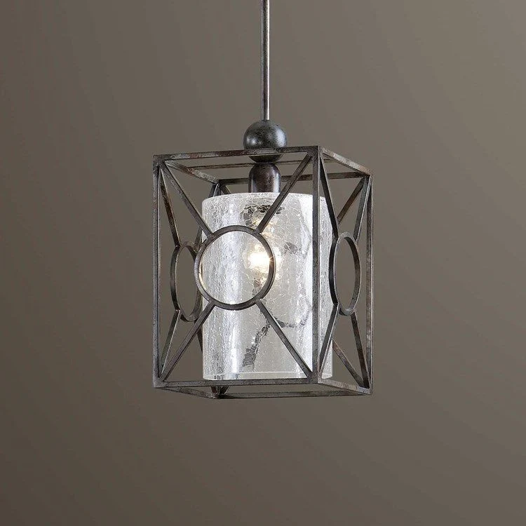 Uttermost Arbela Crackled Glass Cylinder With Rust Black Finish Mini Pendant Light - Image 2