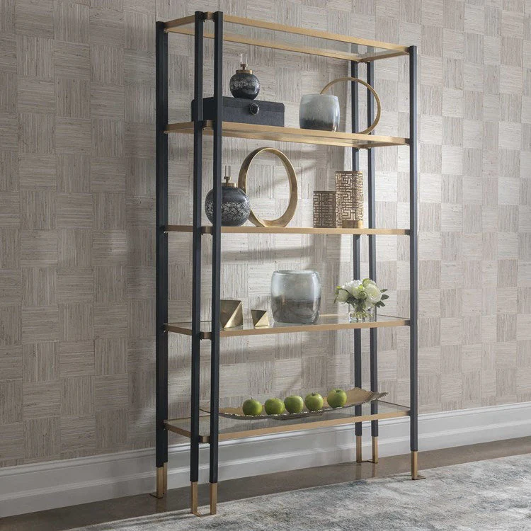 Uttermost Kentmore Contemporary Matte Black & Brushed Gold Iron Etagere Bookcase - Image 4