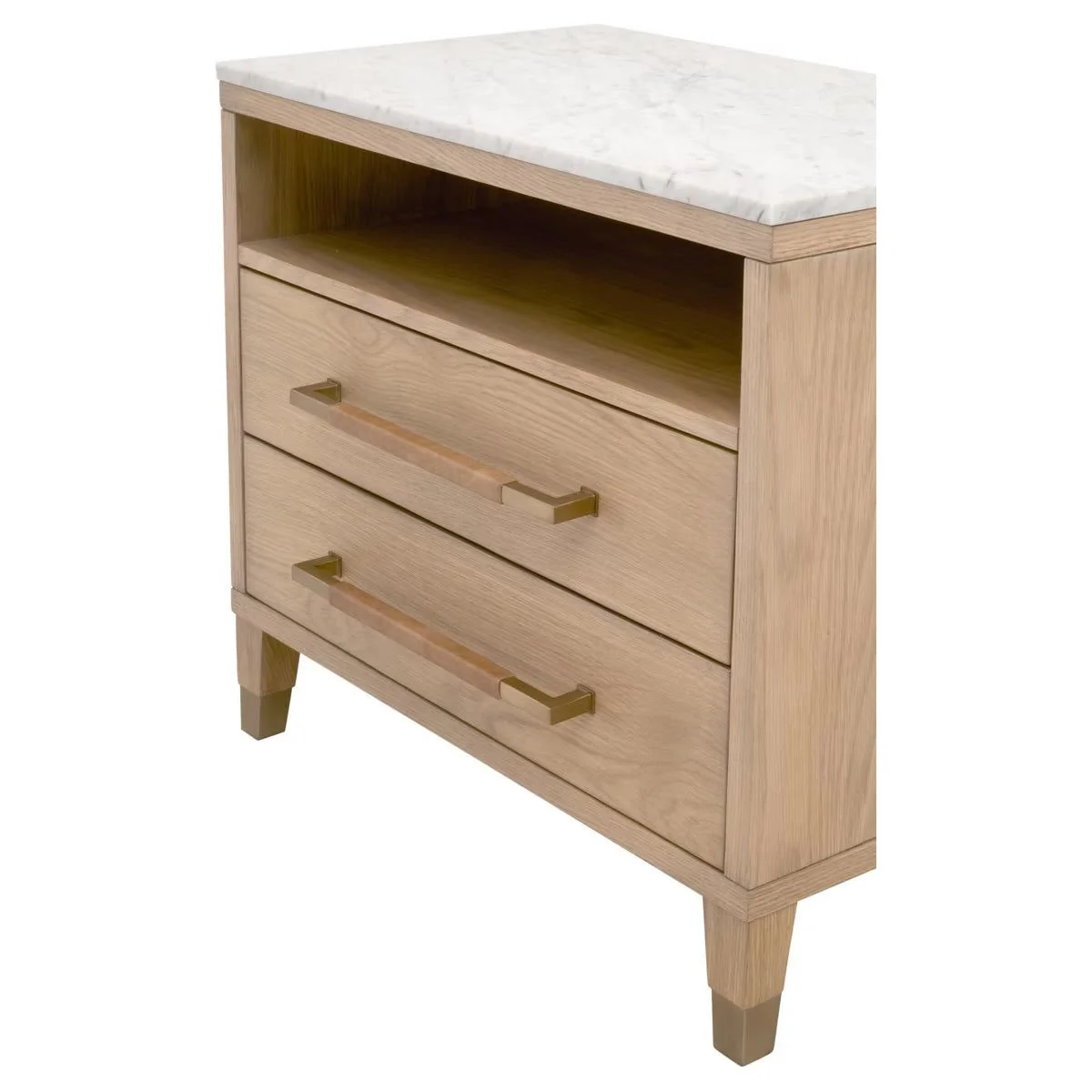 Essentials For Living Cambria 2-Drawer Nightstand ~ Natural Oak and Bianco Marble, Aged Brass Hardware - Image 9