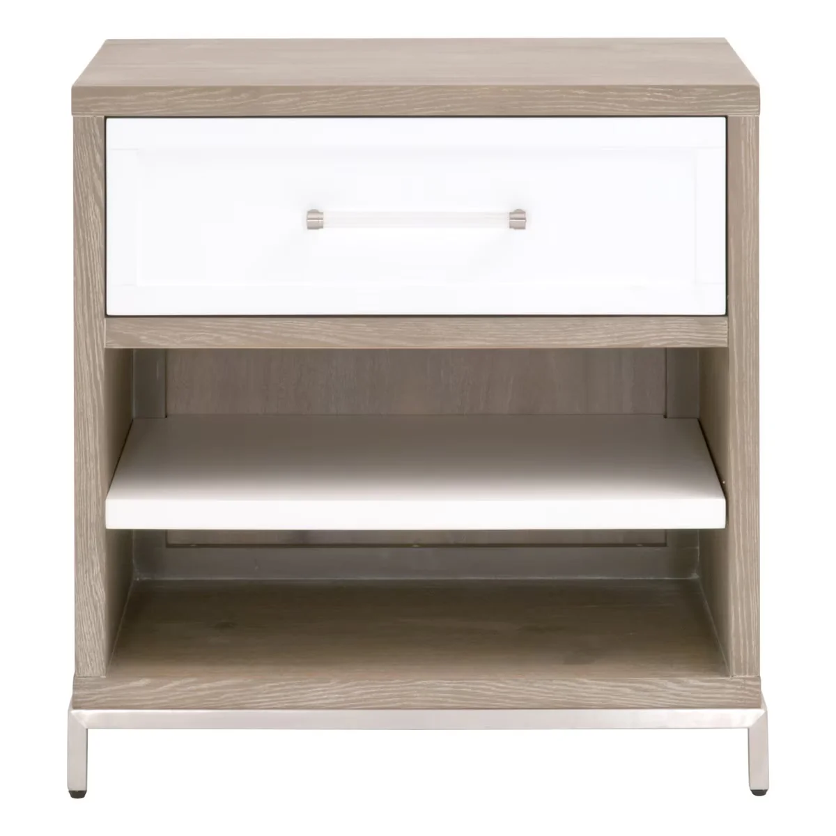 Essentials For Living Wrenn 1-Drawer Nightstand~ Natural Gray Acacia, Matte White And Brushed Stainless Steel Hardware