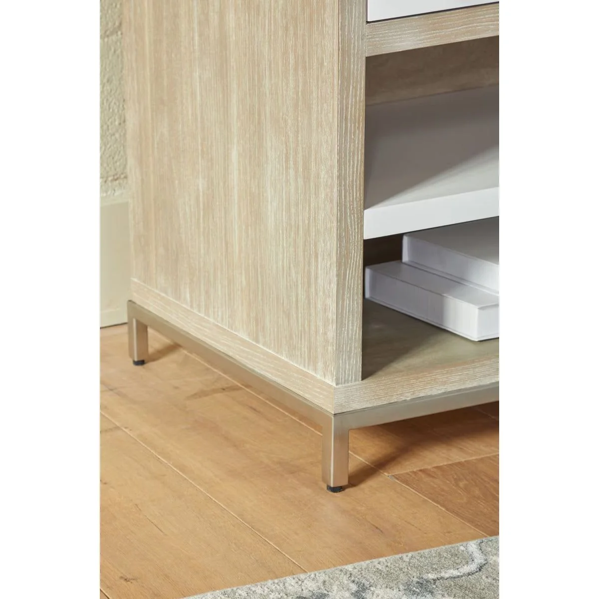 Essentials For Living Wrenn 1-Drawer Nightstand~ Natural Gray Acacia, Matte White And Brushed Stainless Steel Hardware - Image 9
