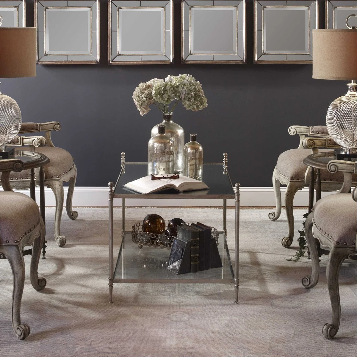 Uttermost Gannon Glass Top With Antiqued Silver Leaf Iron Coffee Table - Image 4