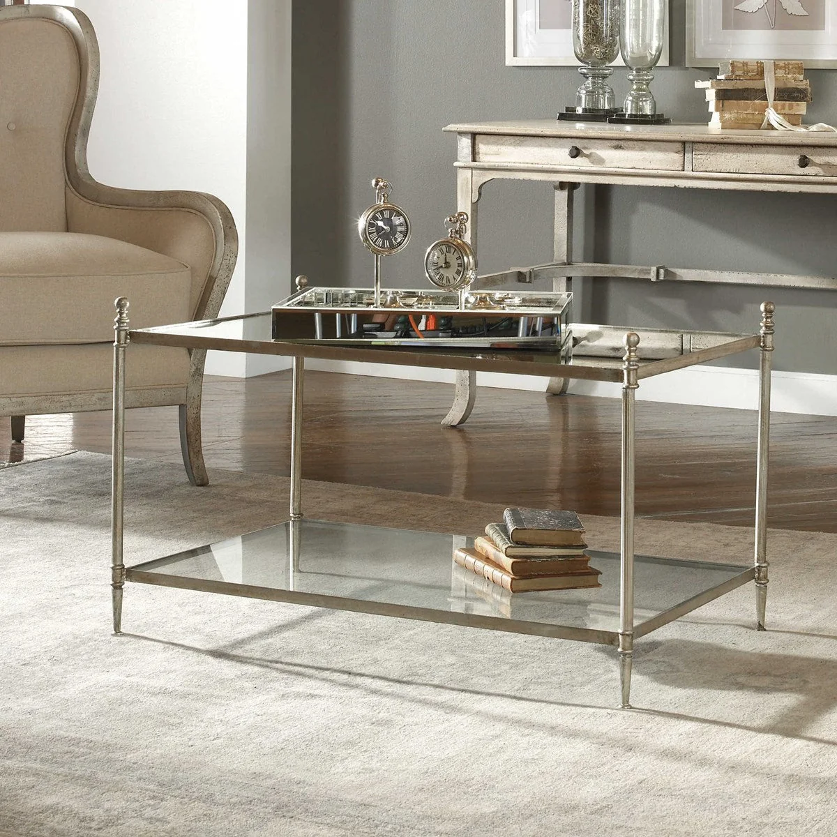 Uttermost Gannon Glass Top With Antiqued Silver Leaf Iron Coffee Table - Image 5