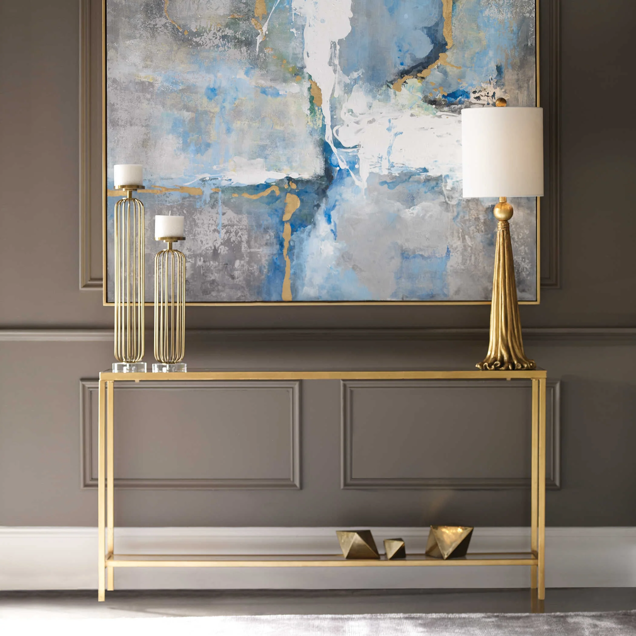 Uttermost Hayley Mirrored Top With Antiqued Gold Iron Modern Narrow Console Table