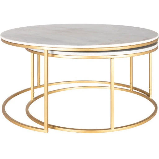 Surya Hearthstone Modern White Marble Top With Gold Base Round Nesting Coffee Tables HTS-006 - Image 3