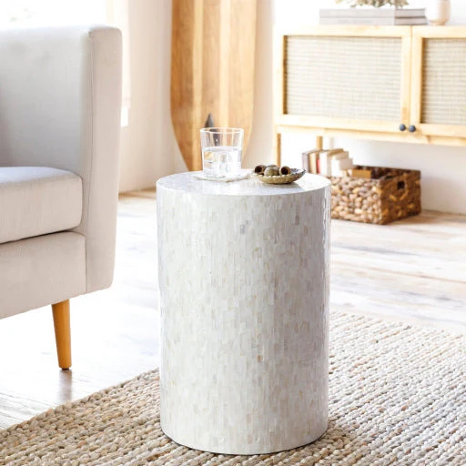Surya Iridescent Modern Ivory & Gray Shell and Wood Round Accent Side Table ISC-001