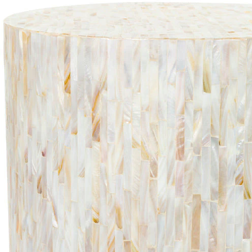 Surya Iridescent Modern Ivory & Tan Shell and Wood Round Accent Side Table ISC-003 - Image 3