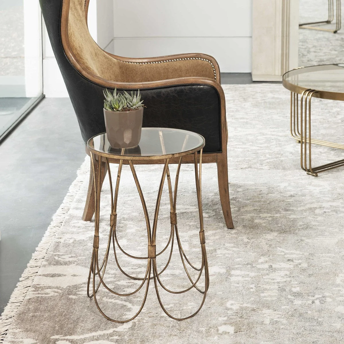 Uttermost Kalindra Glass Top With Antiqued Gold Iron Modern Round Accent Table