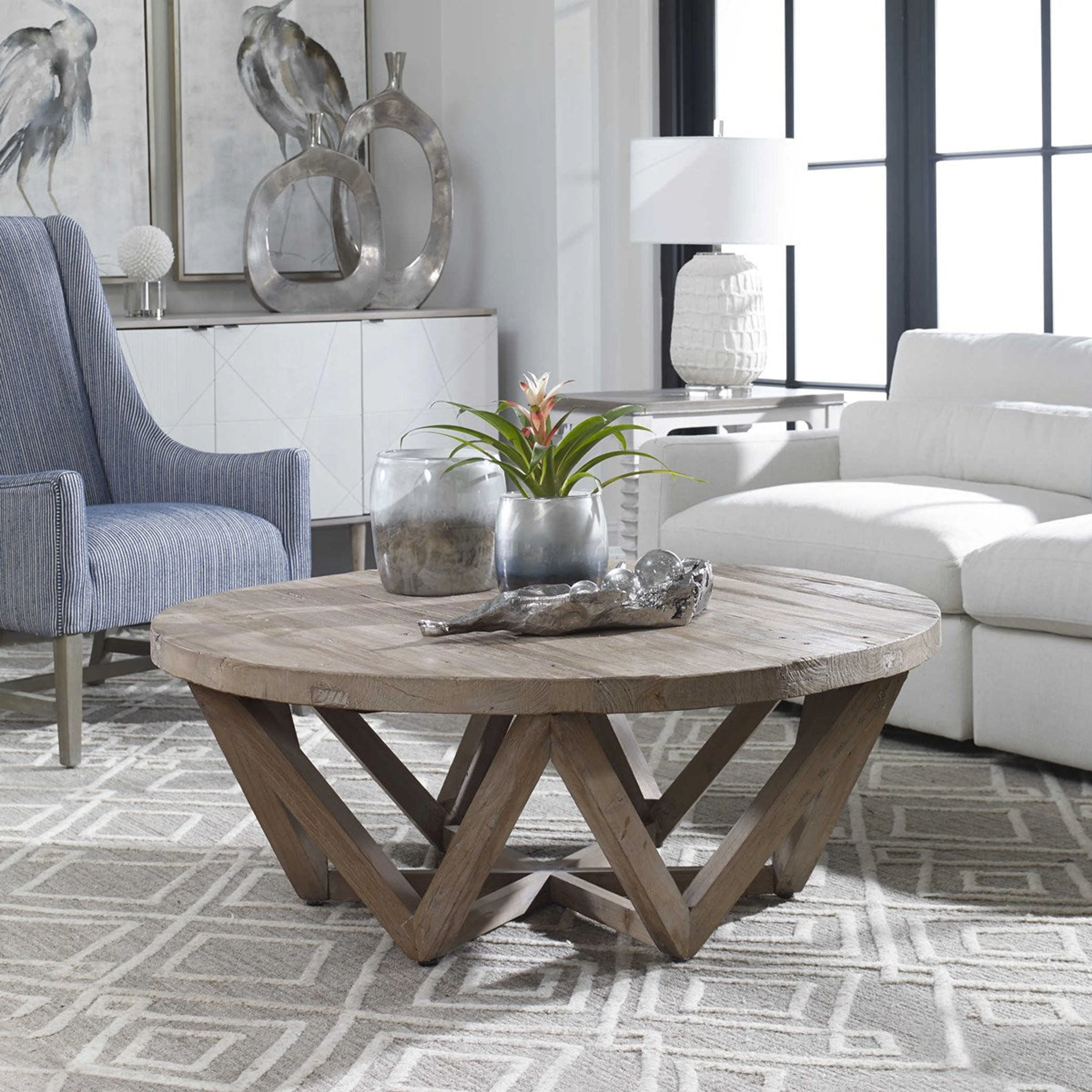 Uttermost Kendry Reclaimed Wood Rustic Modern Round Coffee Table - Image 3