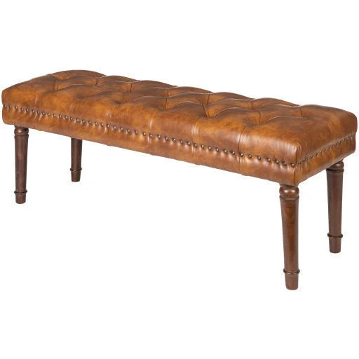 Surya Lancaster Modern Rustic Cognac Faux Leather Tufted Bench With Brown Wood Base LCT-001