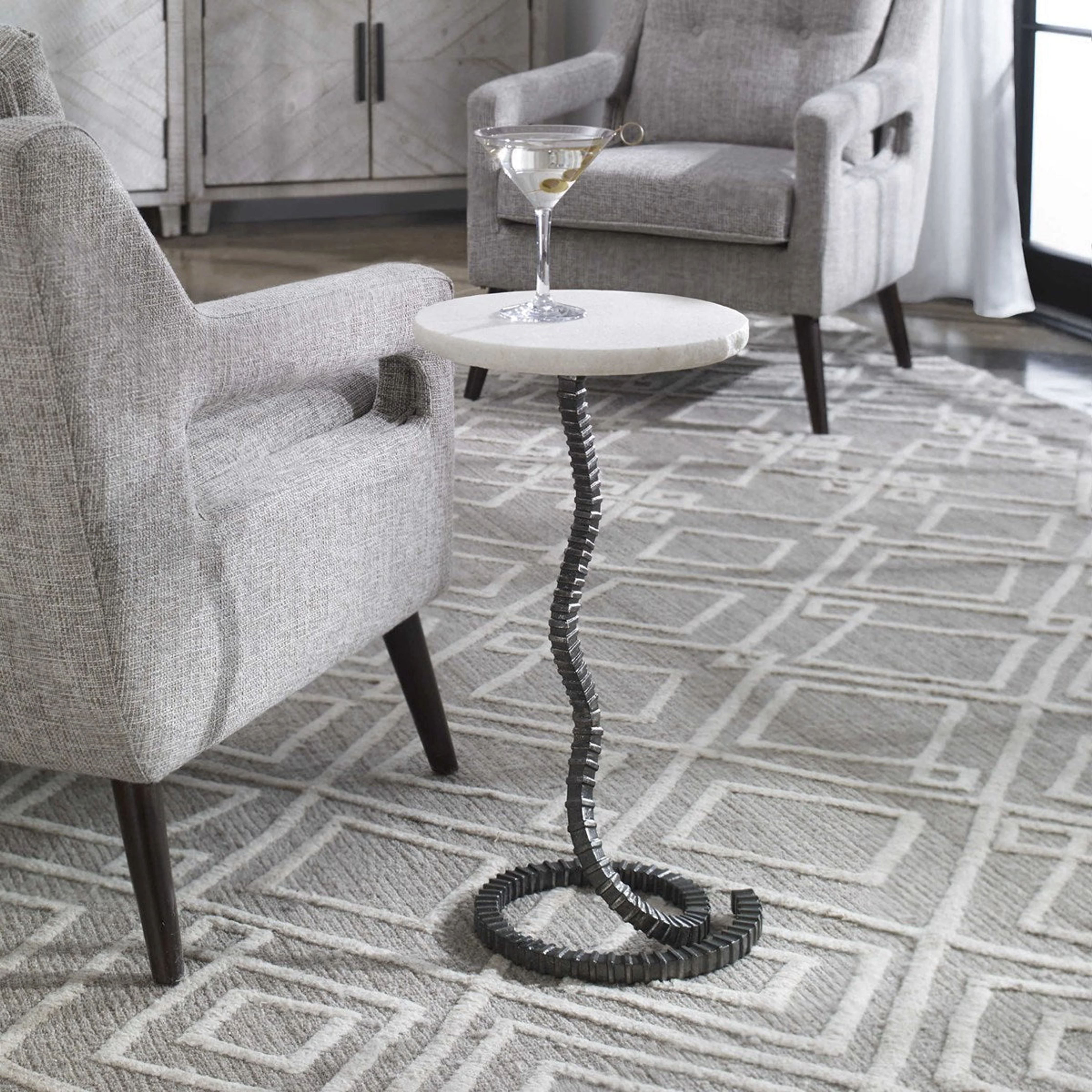 Uttermost Lasso White Stone Top With Gunmetal Gray Iron Base Modern Drink Table - Image 3