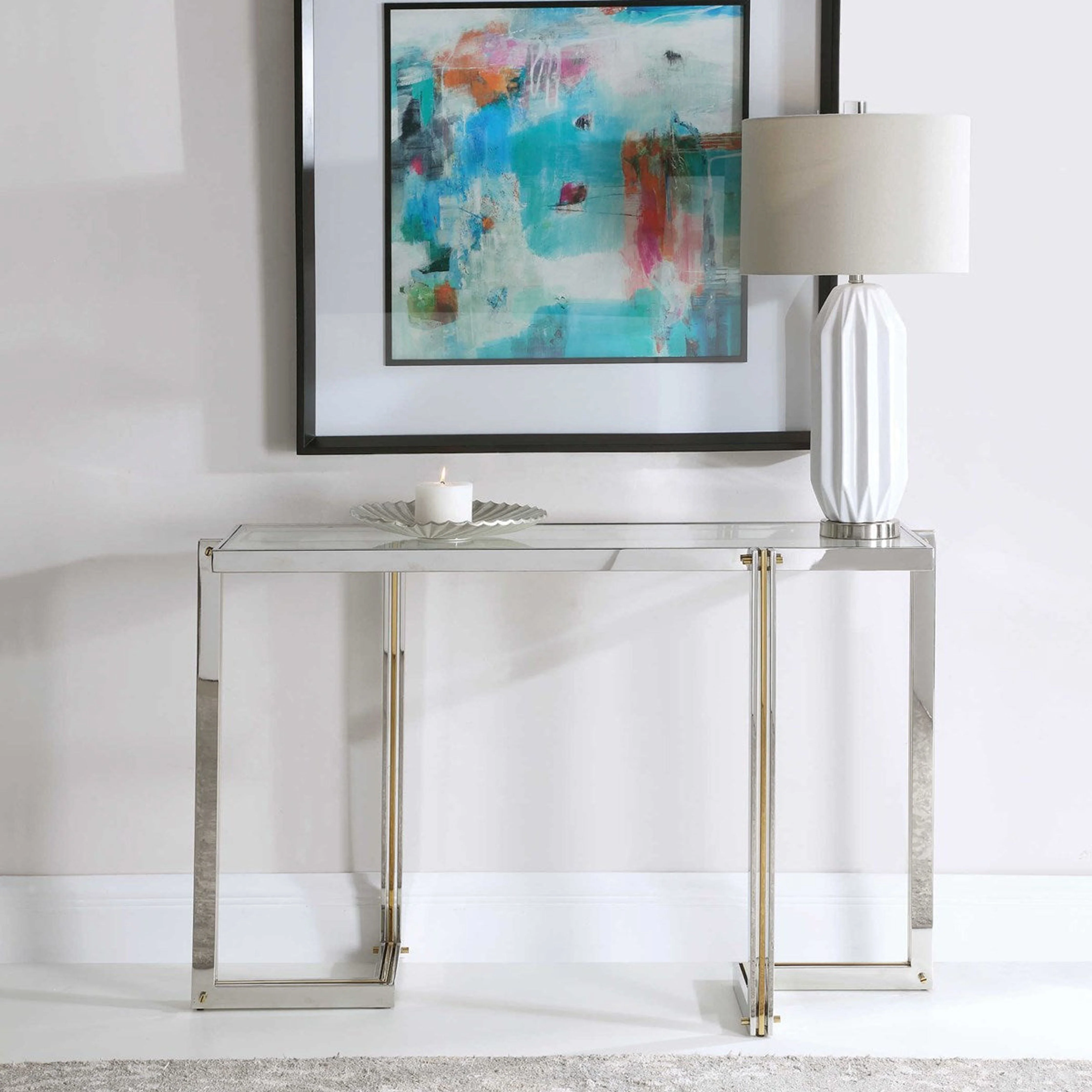 Uttermost Locke Glass Top With Polished Nickel and Gold Base Contemporary Console Table
