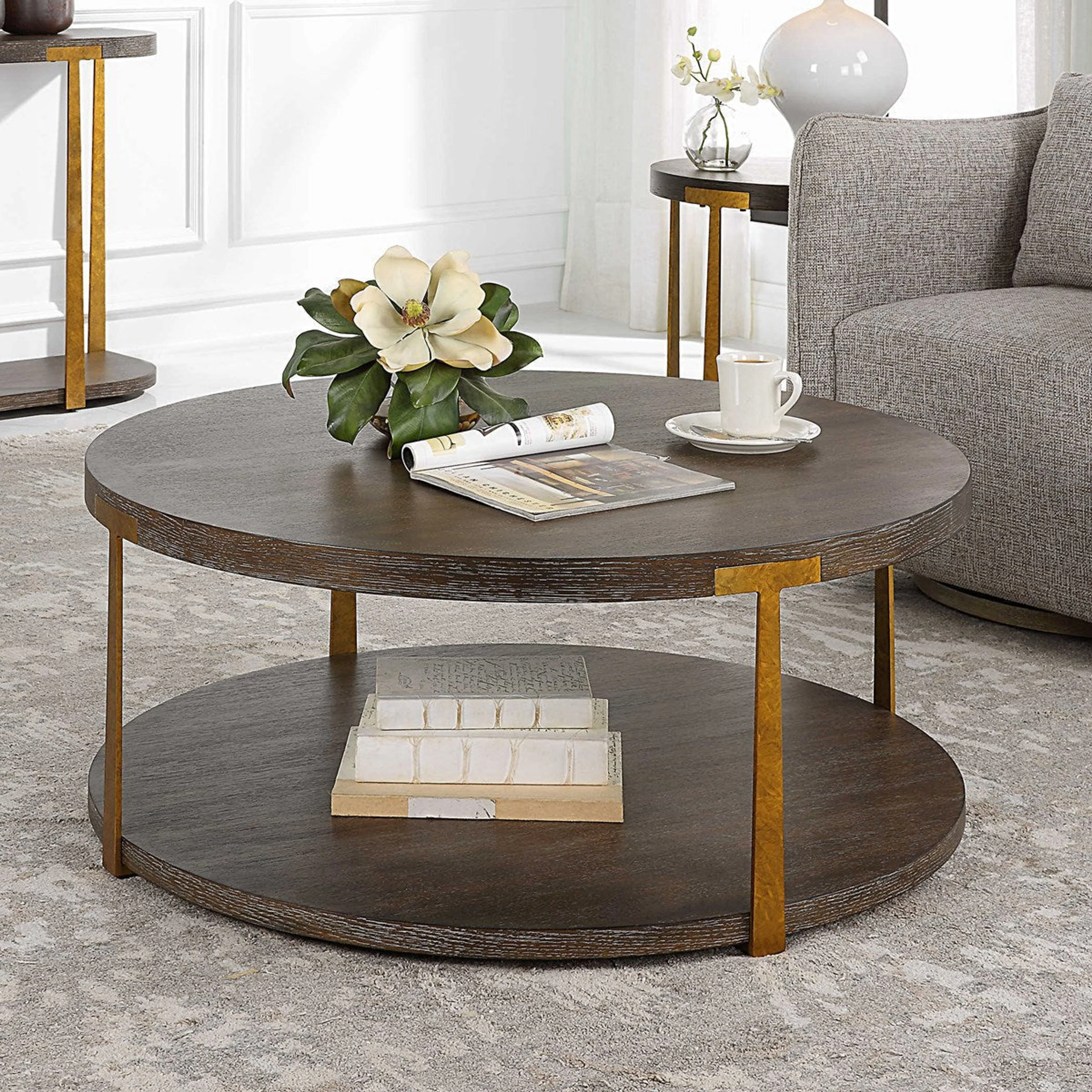 Uttermost Palisade Rich Coffee Finished Oak Top with Antiqued Gold Metal Modern Round Coffee Table - Image 3