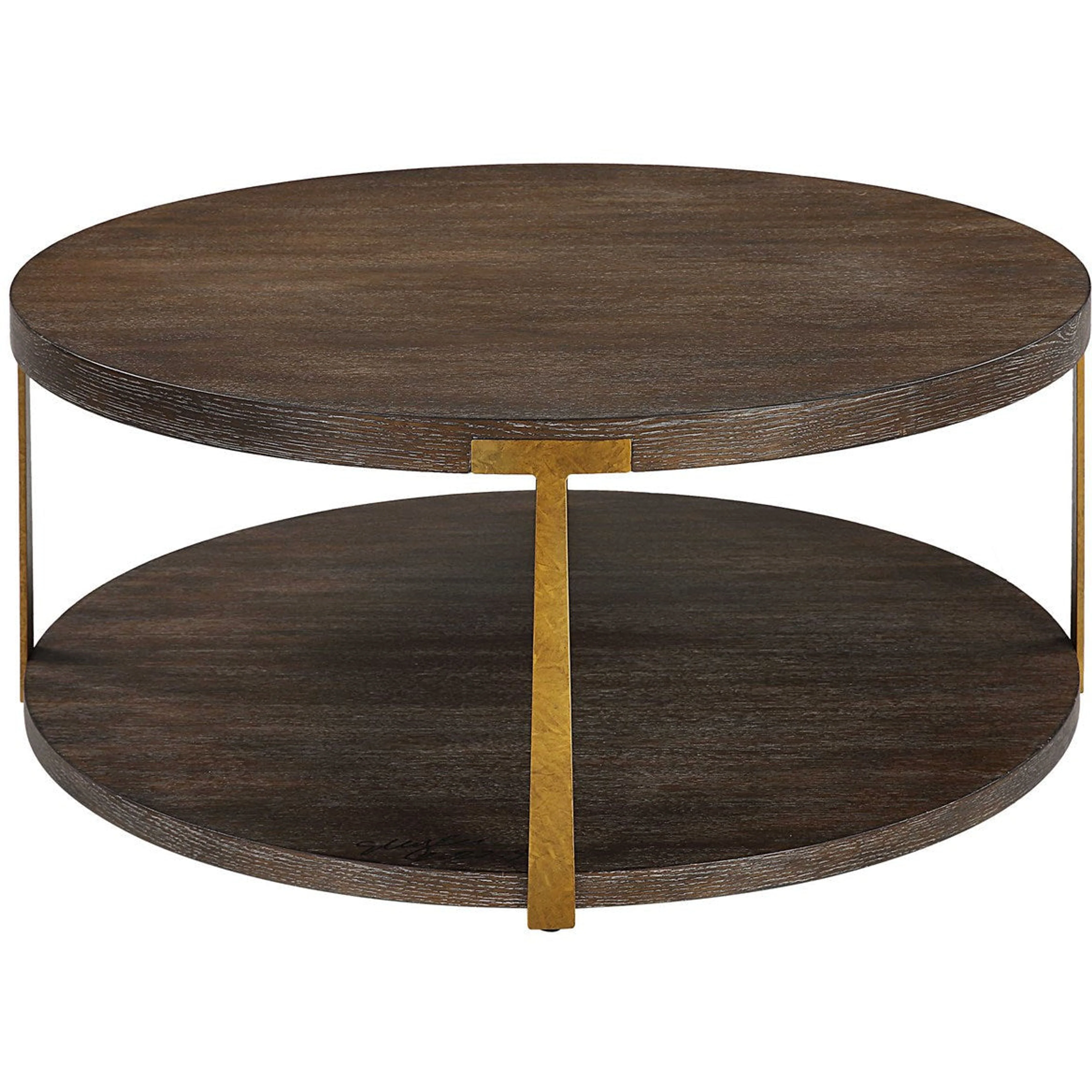 Uttermost Palisade Rich Coffee Finished Oak Top with Antiqued Gold Metal Modern Round Coffee Table - Image 6
