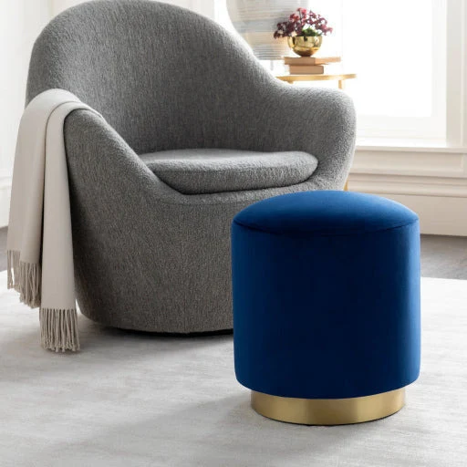 Surya Roxeanne Modern Dark Blue Velvet Round Pouf Ottoman With Gold Base RON-004