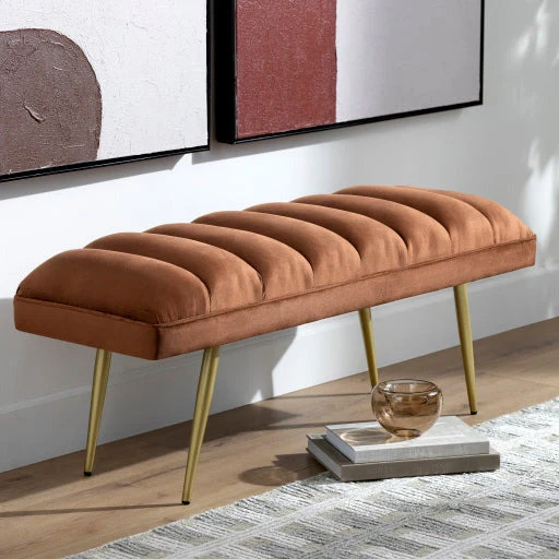 Surya Roxeanne Modern Cognac Channeled Velvet Bench With Gold Metal Base RON-009