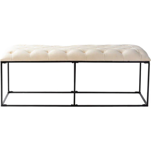 Surya Savoy Modern Ivory Velvet Tufted Bench With Black Metal Base SVY-001 - Image 3