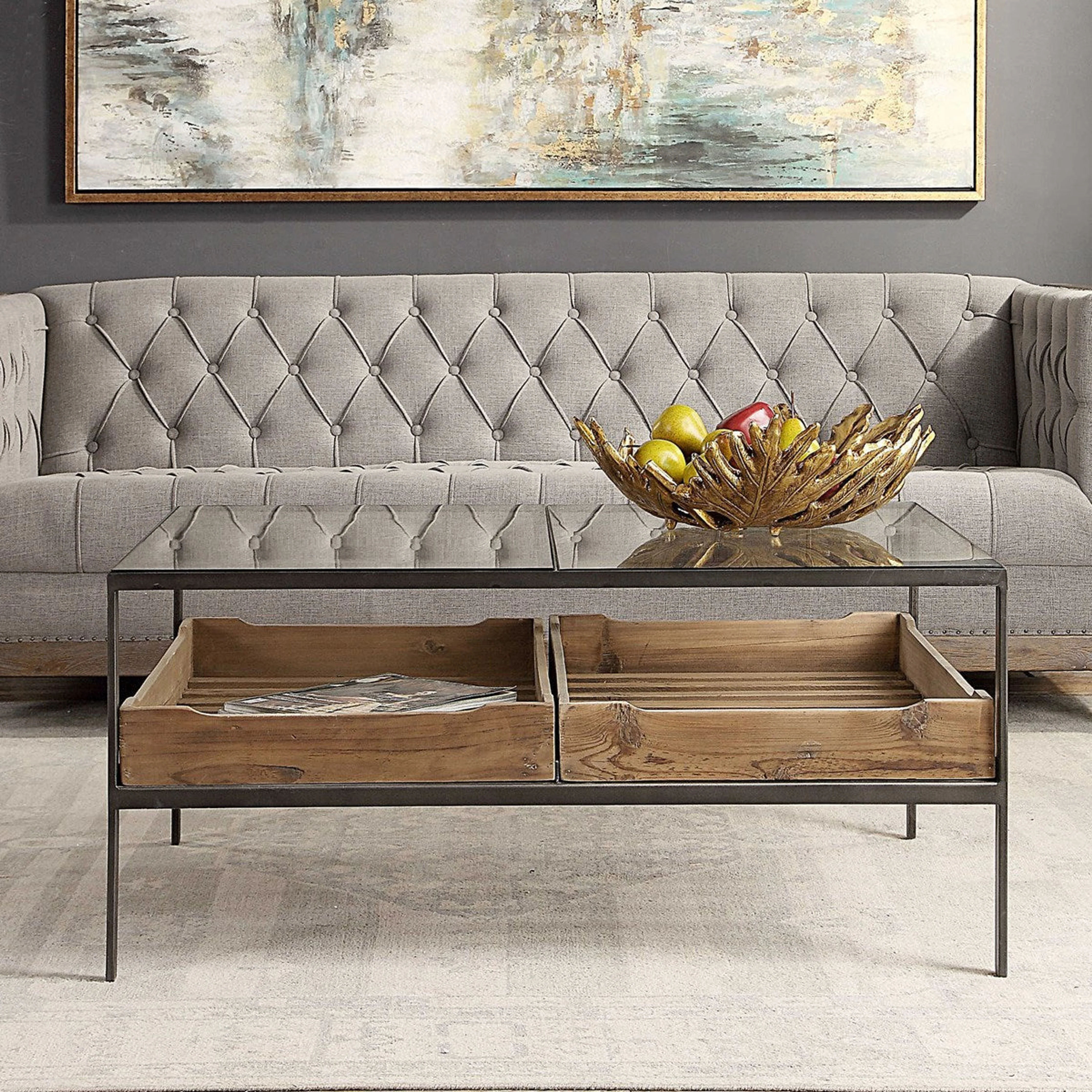 Uttermost Silas Glass Top With Reclaimed Wood and Aged  Iron Rustic Coffee Tablr - Image 3