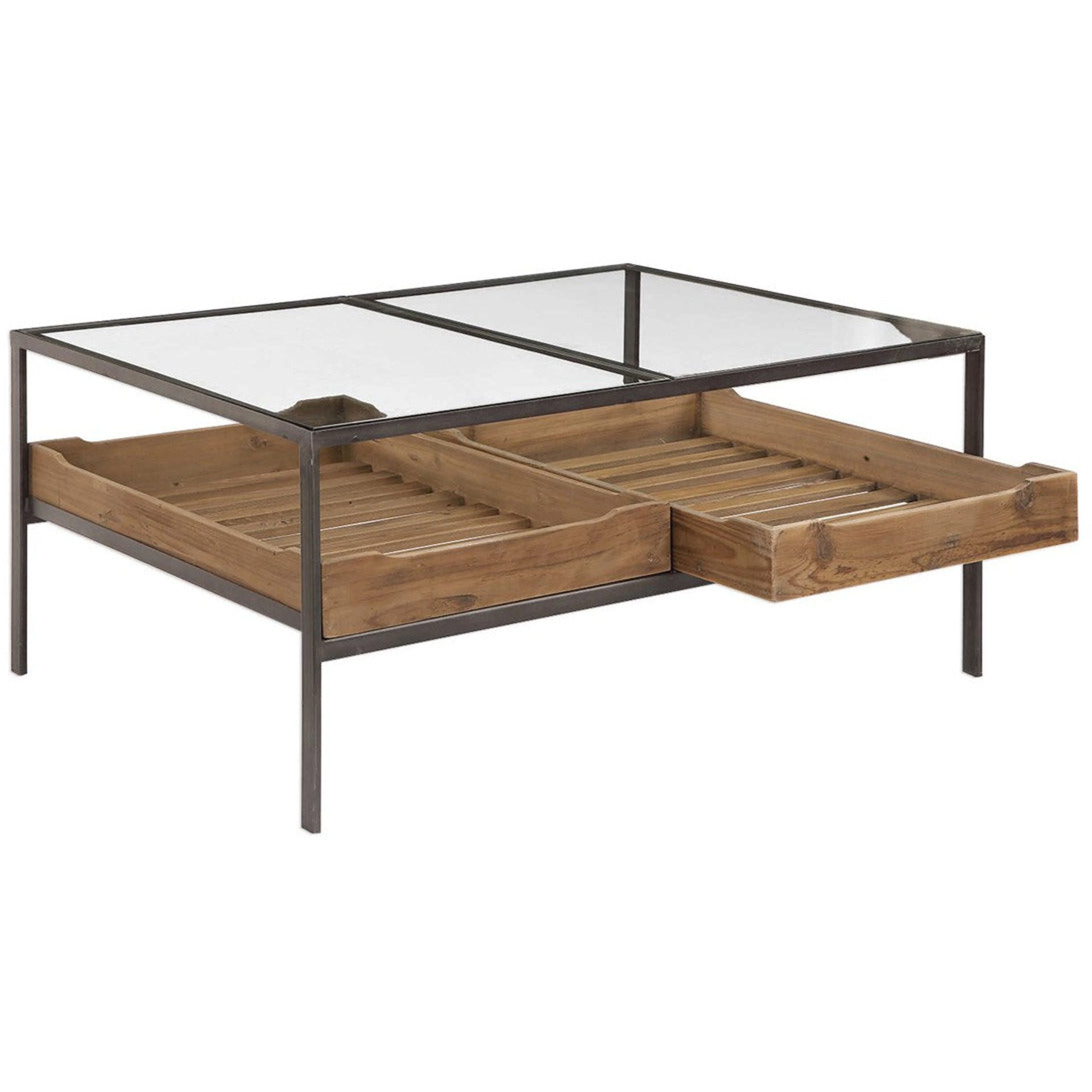 Uttermost Silas Glass Top With Reclaimed Wood and Aged  Iron Rustic Coffee Tablr - Image 6