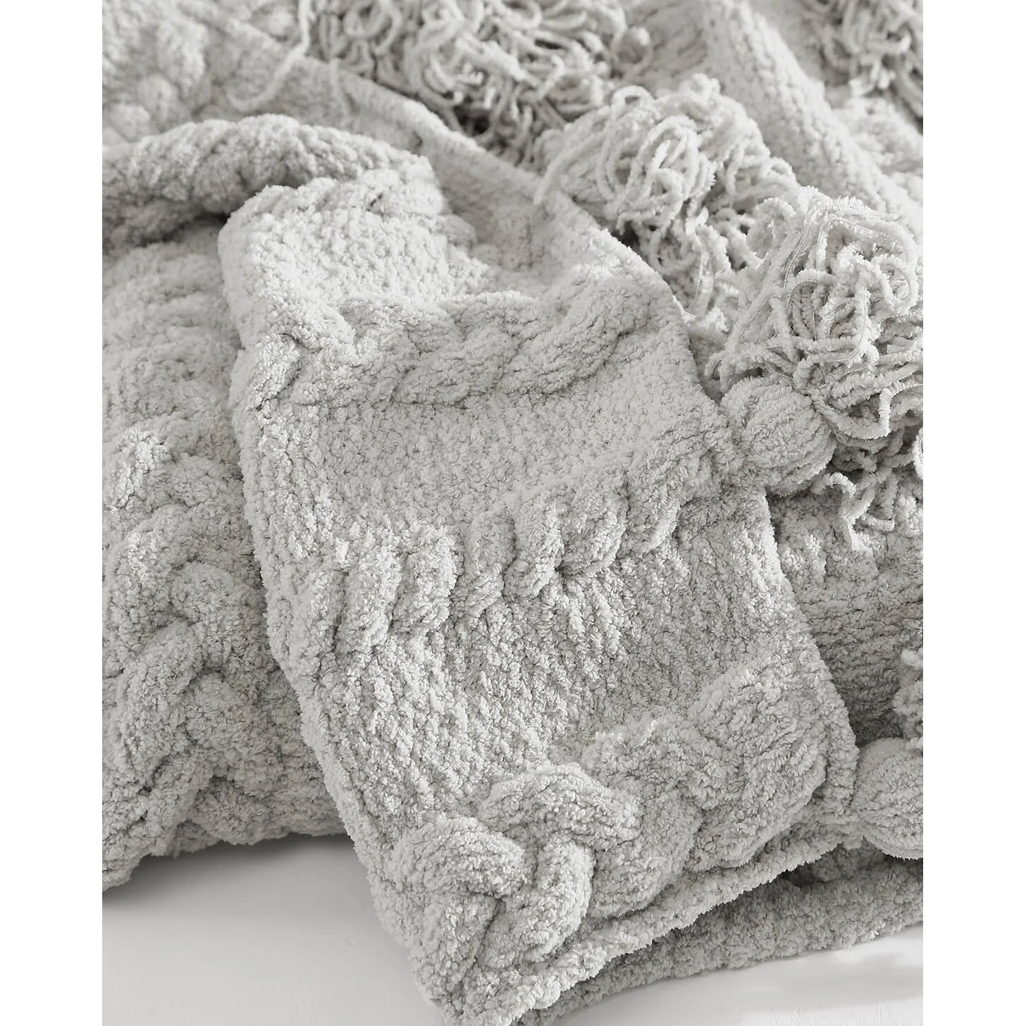 Sunday Citizen Snug Braided Pom Pom Throw in Cloud Gray ~ 75 x 52 - Image 3