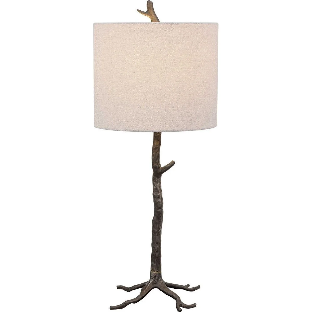 Casa Bella Living Light Beige Linen Drum Shade With Dark Gunmetal and Gold Branch Base Table Lamp - Image 2