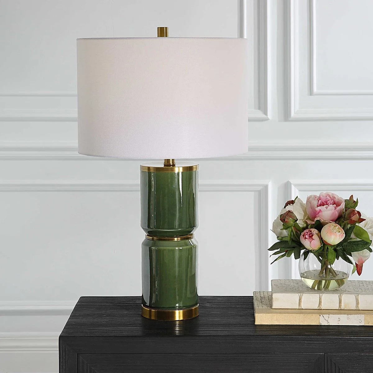 Casa Bella Living White Linen Shade with Dark Green and Antique Gold Ceramic Base Table Lamp