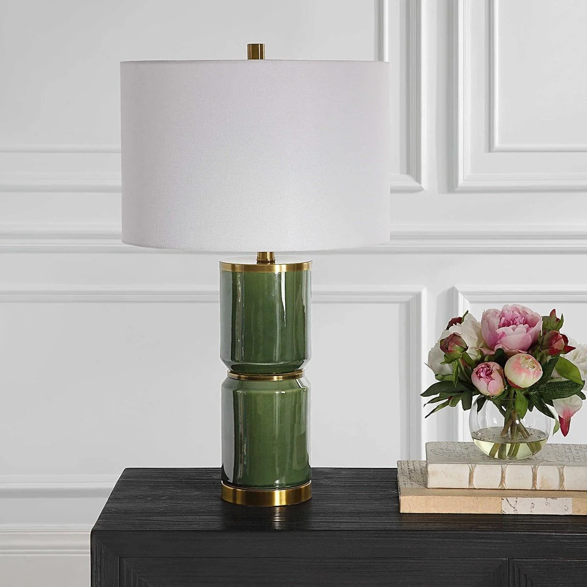 Casa Bella Living White Linen Shade with Dark Green and Antique Gold Ceramic Base Table Lamp - Image 3
