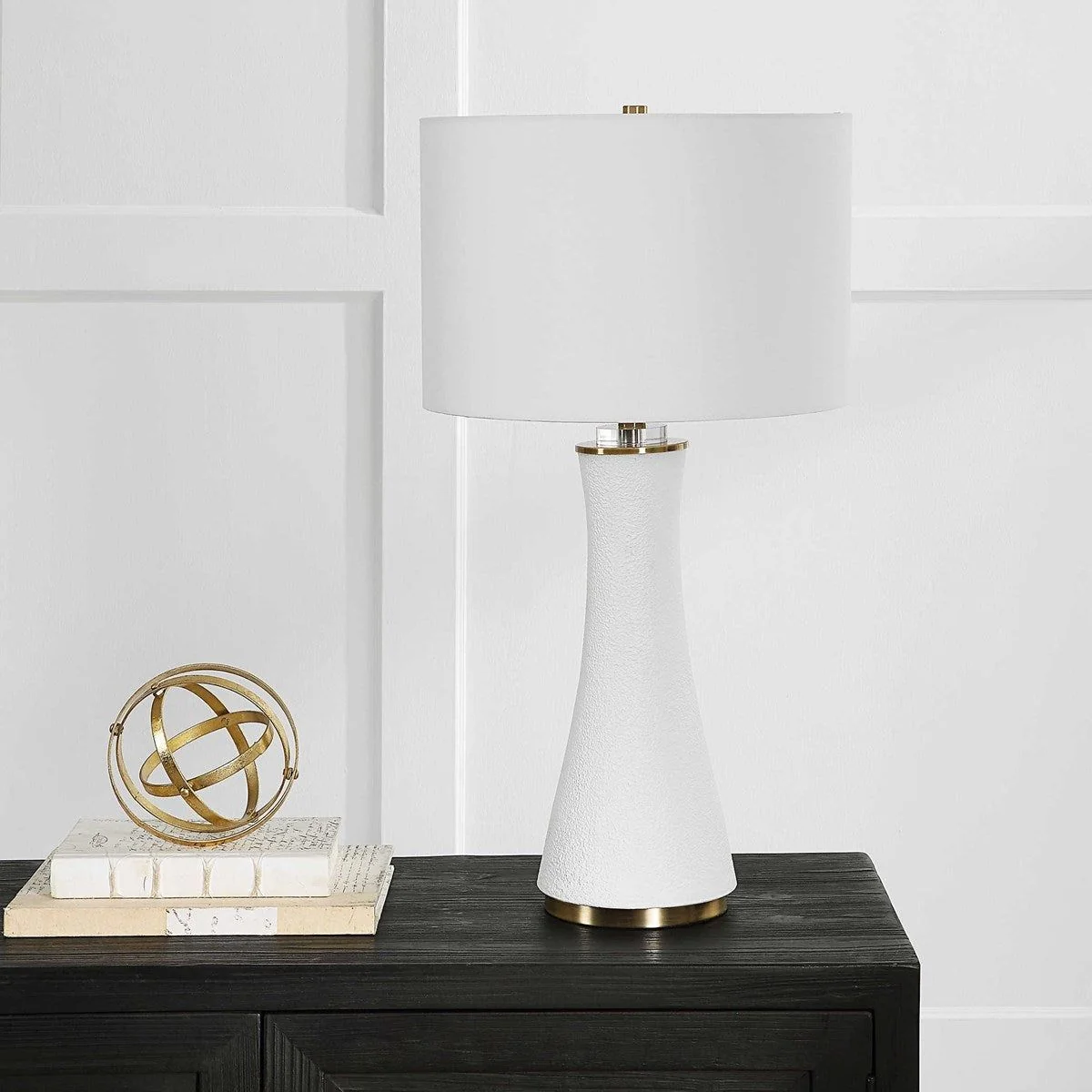 Casa Bella Living White Linen Shade With Textured Matte White and Brushed Brass Base Table Lamp ~ IN-STORE PURCHASE ONLY - Image 3
