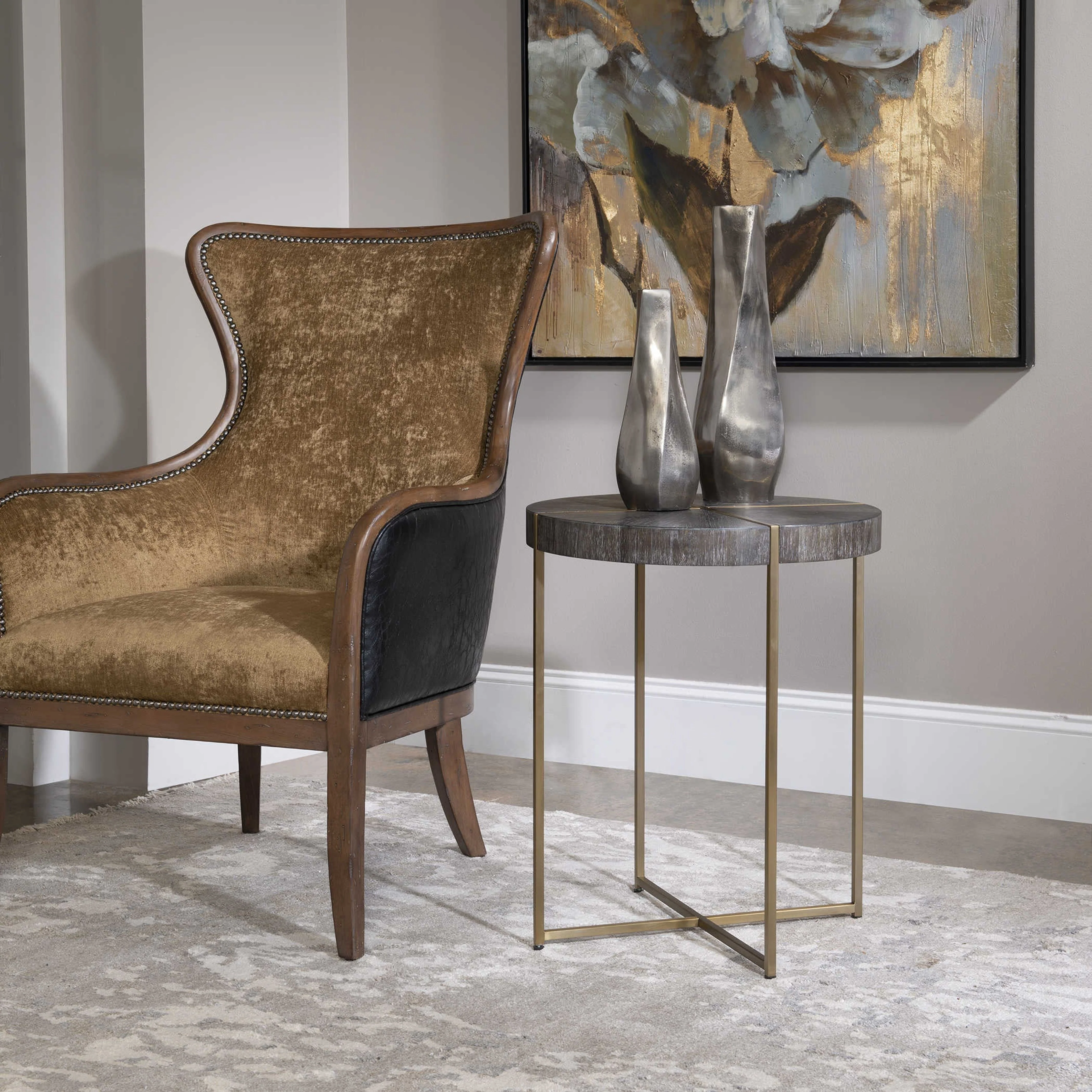 Uttermost Taja Washed Gray Walnut Top With Brushed Brass Steel Base Contemporary Accent Table
