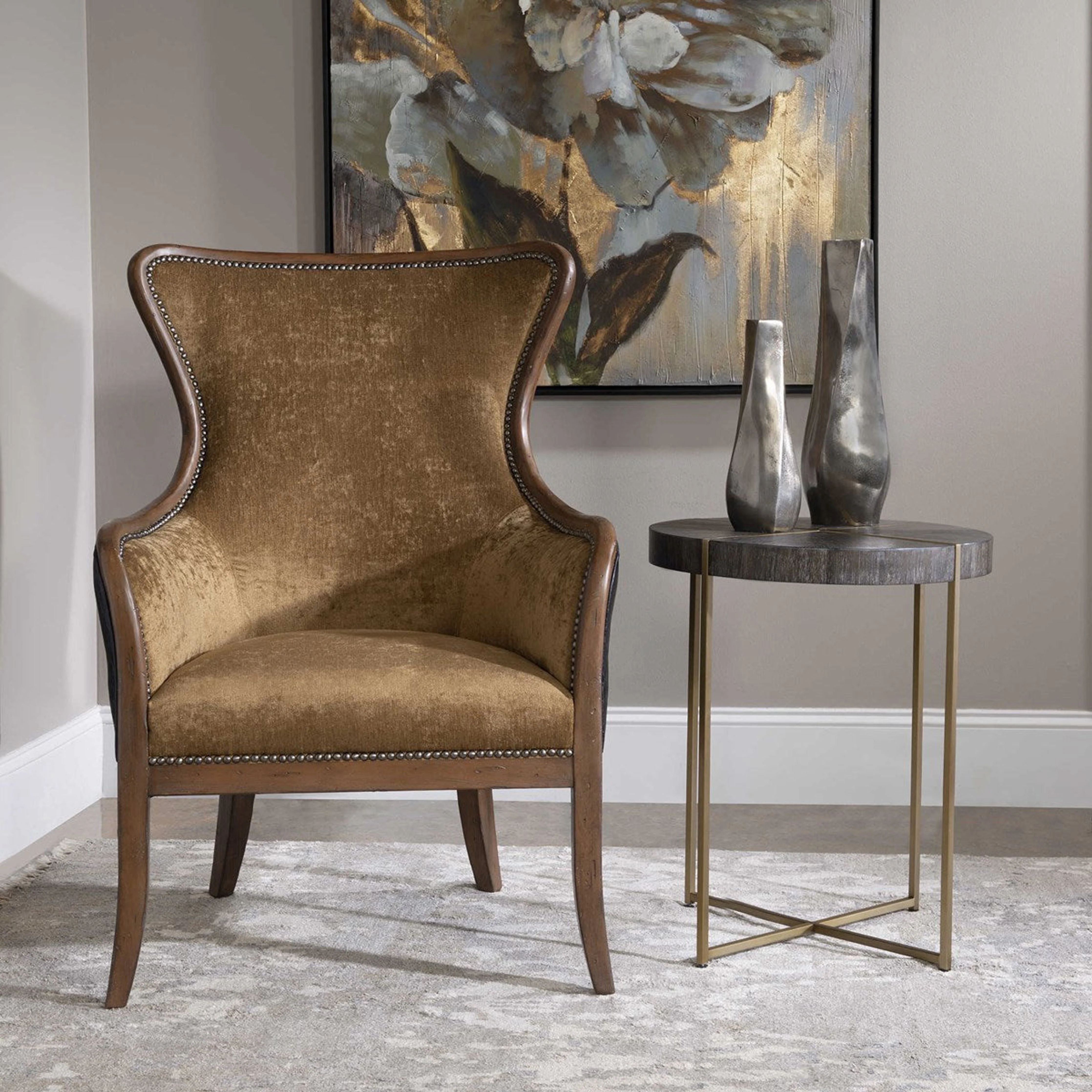 Uttermost Taja Washed Gray Walnut Top With Brushed Brass Steel Base Contemporary Accent Table - Image 4