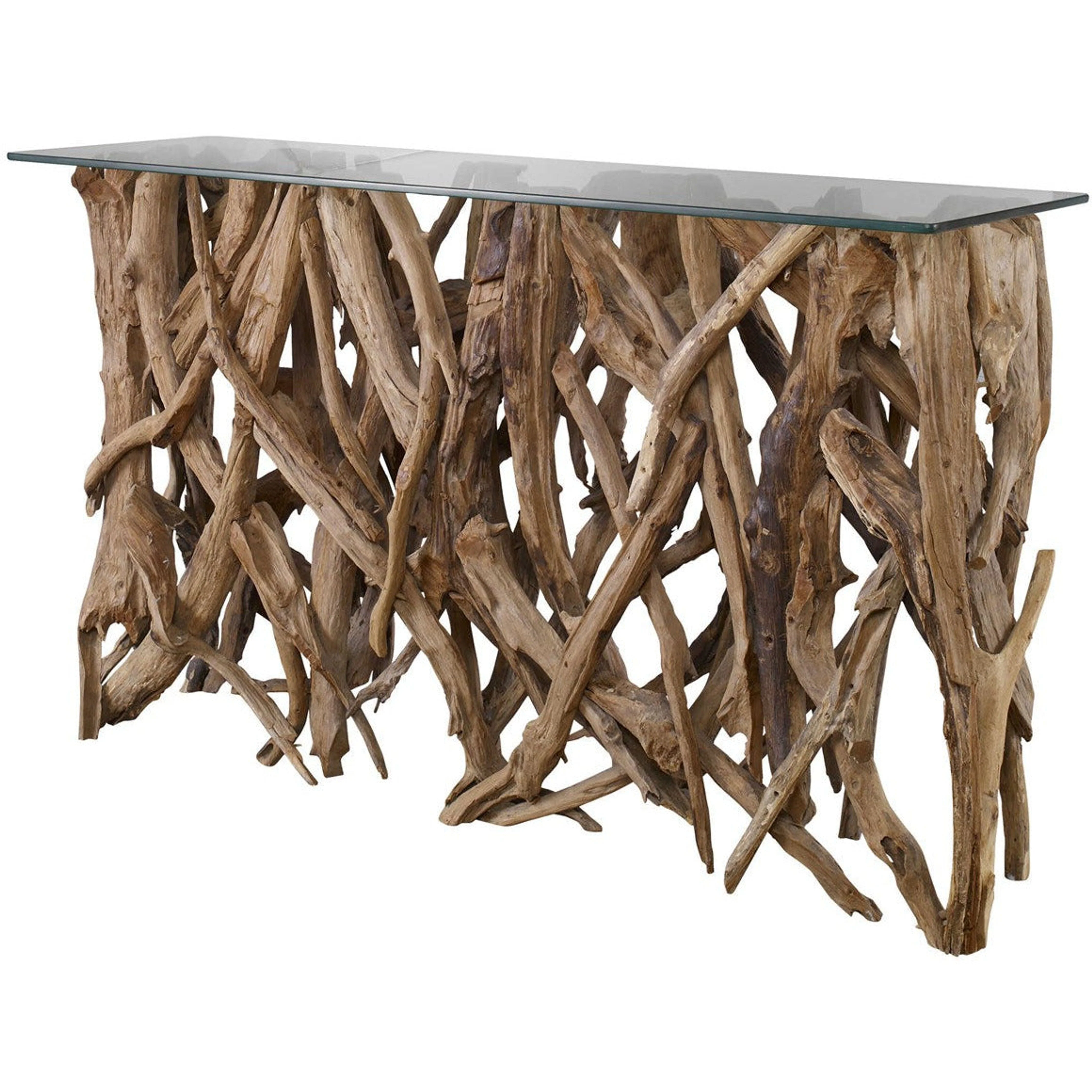 Uttermost Glass Top With Natural Sculptural Teak Wood Organic Modern Console Table - Image 5