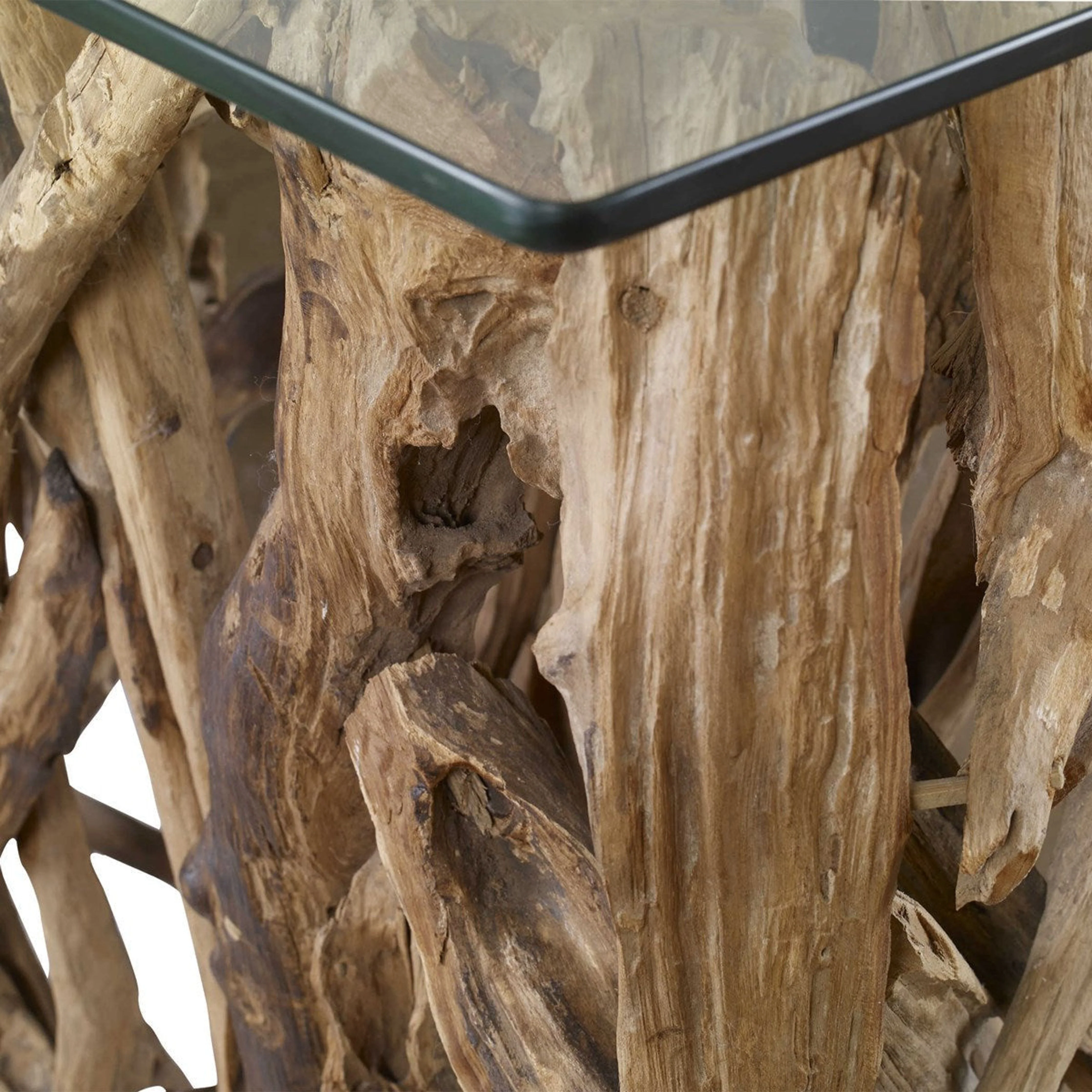 Uttermost Glass Top With Natural Sculptural Teak Wood Organic Modern Console Table - Image 6