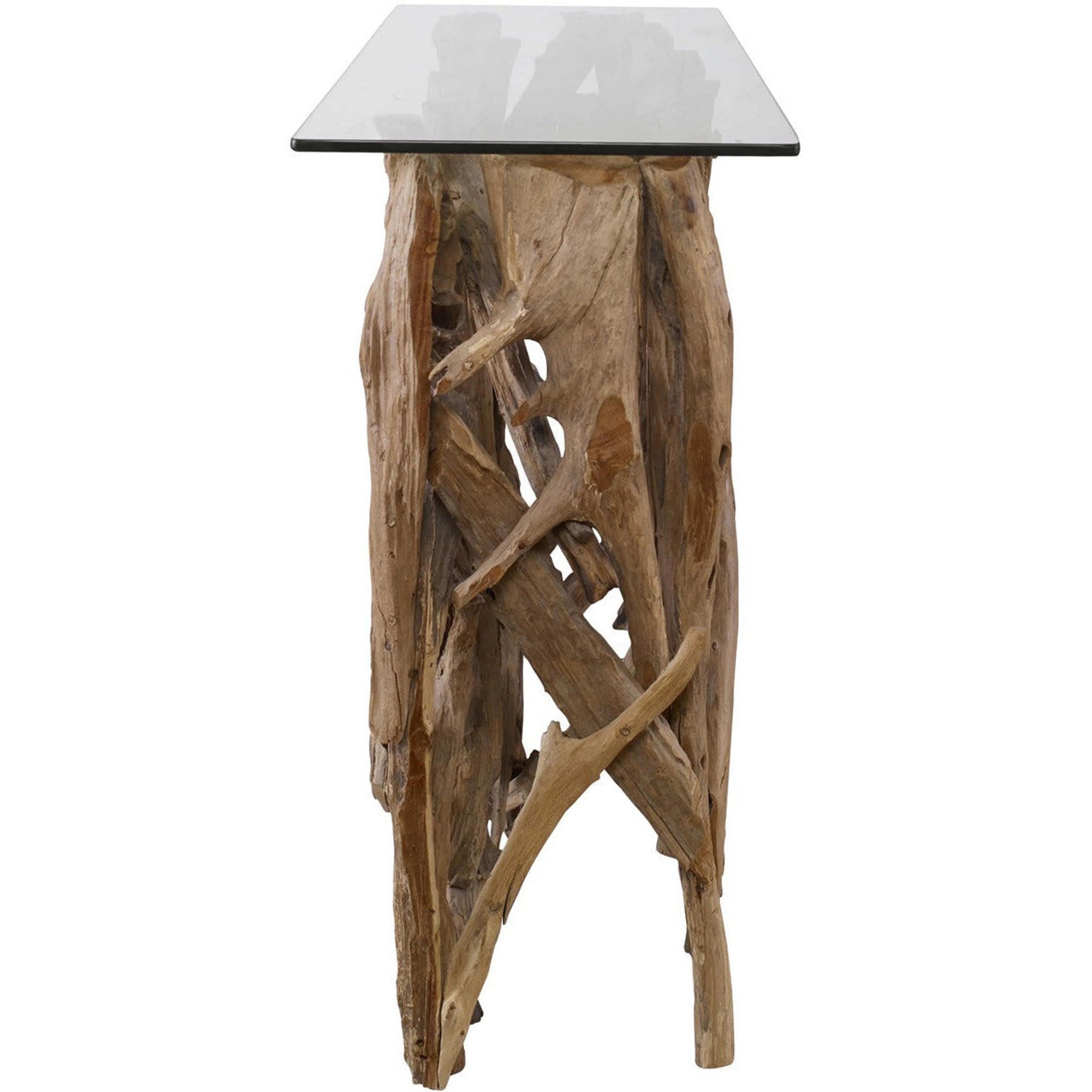 Uttermost Glass Top With Natural Sculptural Teak Wood Organic Modern Console Table - Image 7