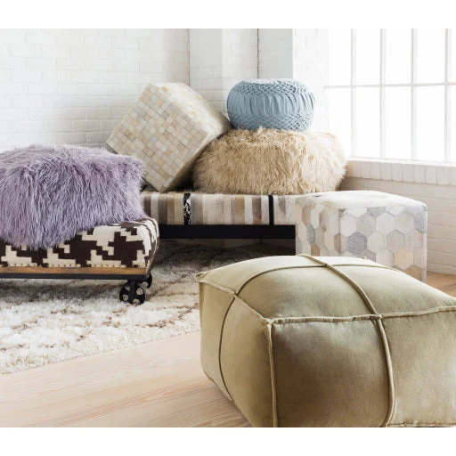Surya Trail Modern Hair On Hide Light Gray, Gray & Charcoal Patched Leather Pouf Ottoman TLPF-001 - Image 4