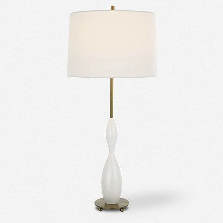 Uttermost Annora Glossy White and Antiqued Brass Table Lamp With Linen Shade - Image 3