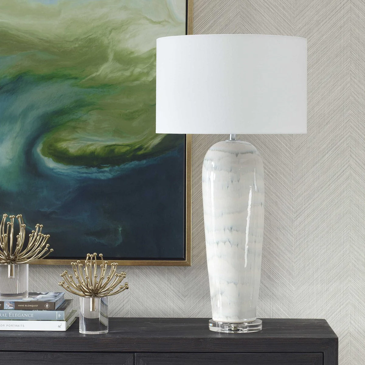 Uttermost Arden White and Smoky Blue Glazed Ceramic Table Lamp With Linen Shade