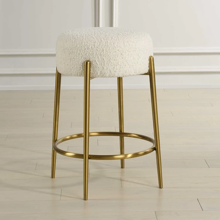Uttermost Arles White Faux Shearling Seat Counter Stool With Brushed Brass Base - Image 2