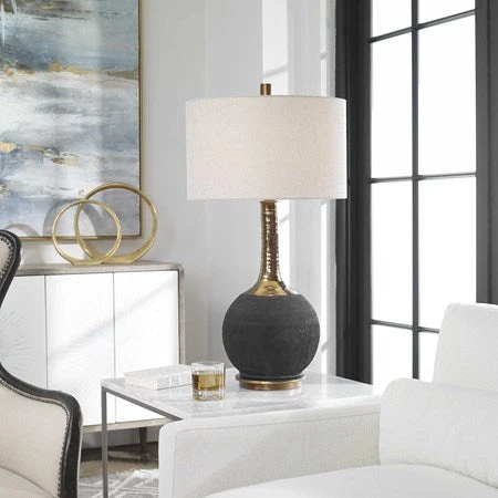 Uttermost Arnav Matte Black and Golden Bronze Table Lamp With Light Gray Linen Drum Shade - Image 4