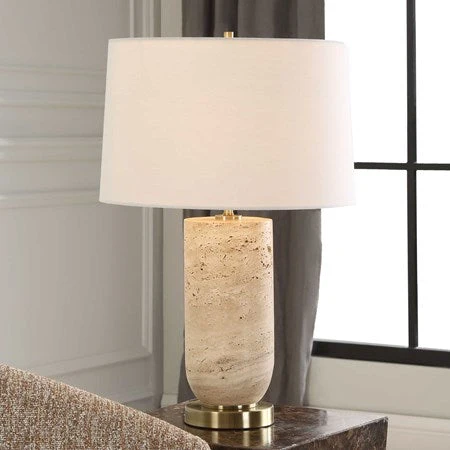Uttermost Aubrey Travertine Table Lamp With White Linen Shade - Image 3