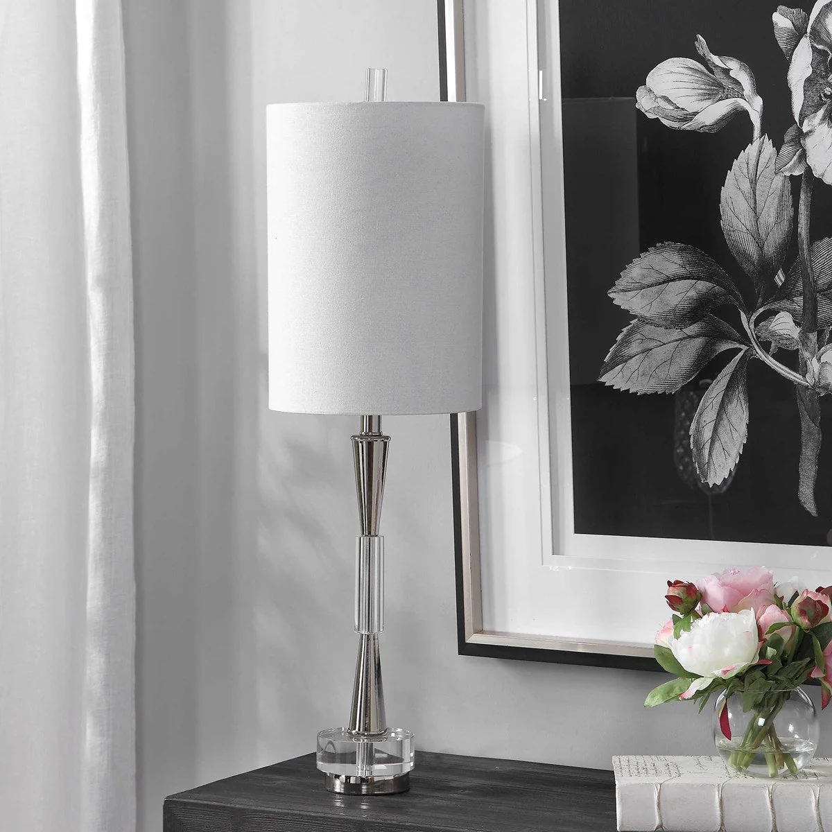 Uttermost Azaria Polished Nickel and Crystal Buffet Lamp With White Linen Shade - Image 4