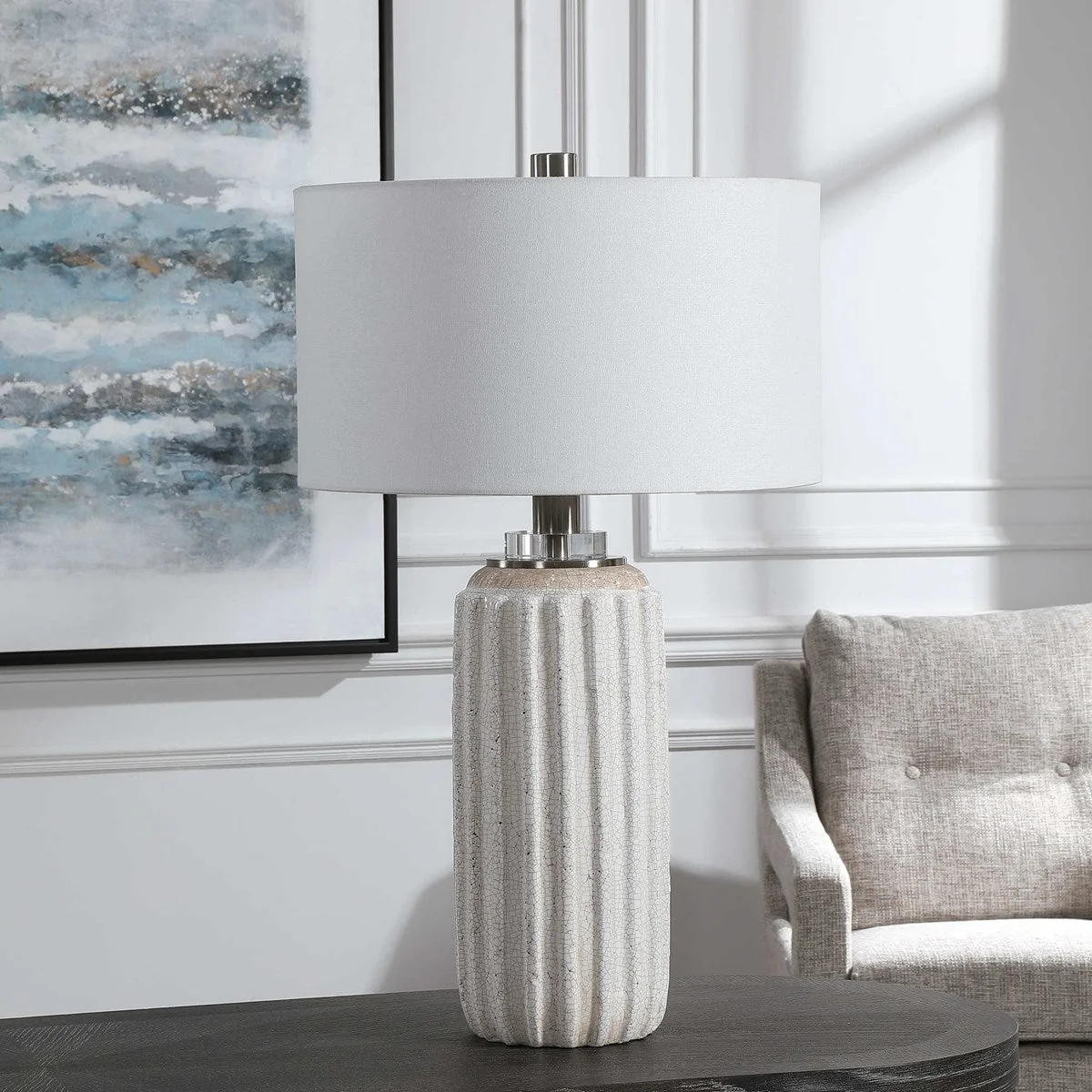 Uttermost Azariah Cream and Beige Crackle Glaze Ceramic Table Lamp With White Linen Drum Shade - Image 5