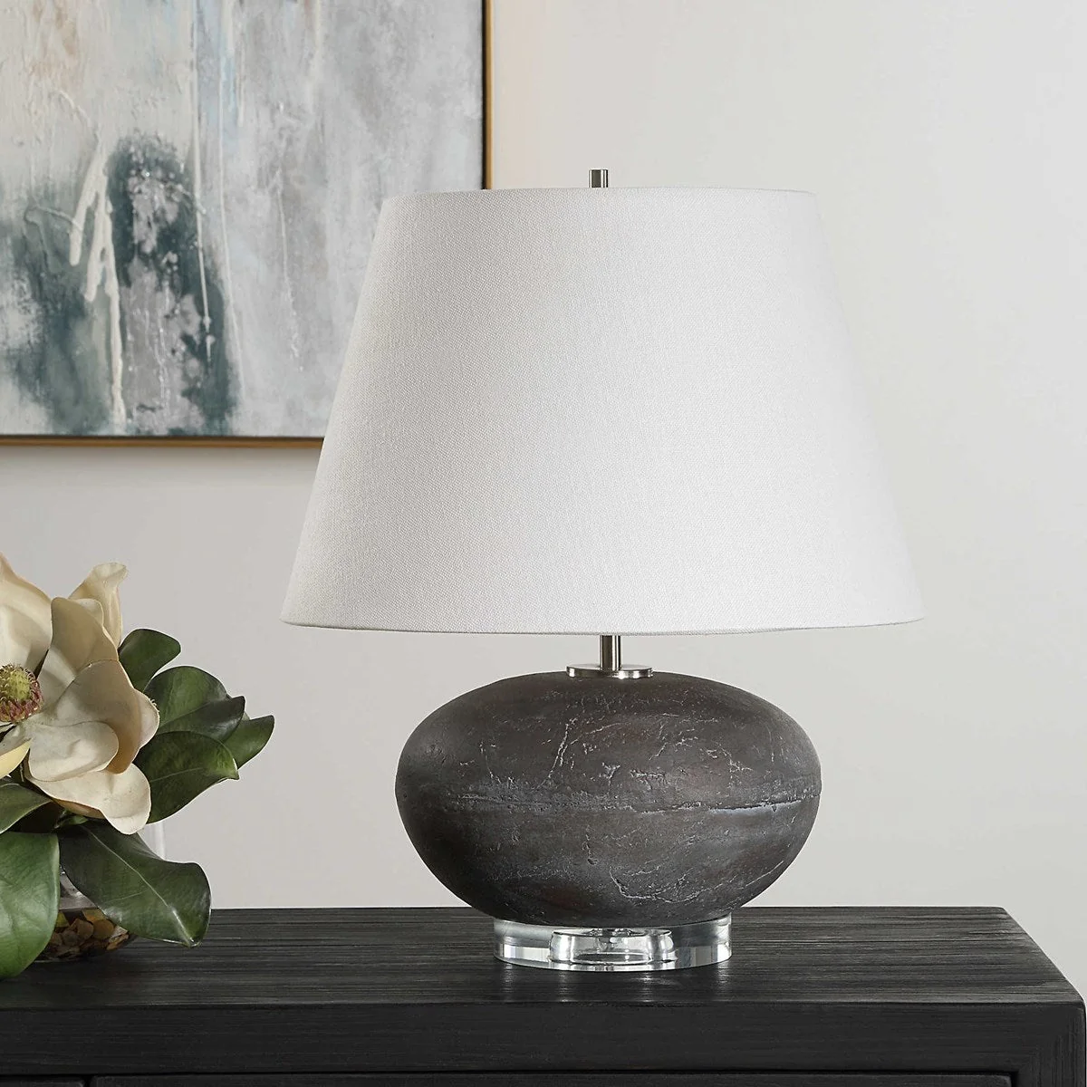 Uttermost Beckley Distressed Charcoal Glazed Ceramic Table Lamp With White Linen Shade - Image 3