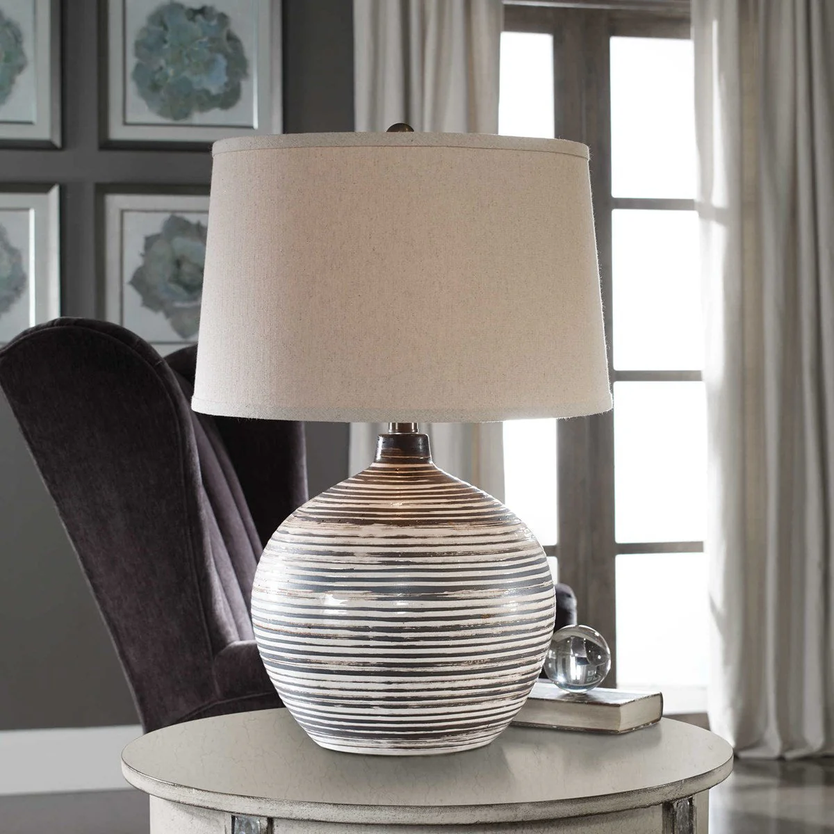 Uttermost Bloxom Dark Mocha Bronze Glazed Textured Ceramiv Table Lamp With Oatmeal Linen Shade - Image 4