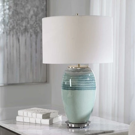 Uttermost Caicos Aqua and Teal Crackle Glazed Ceramic Table Lamp With White Linen Shade