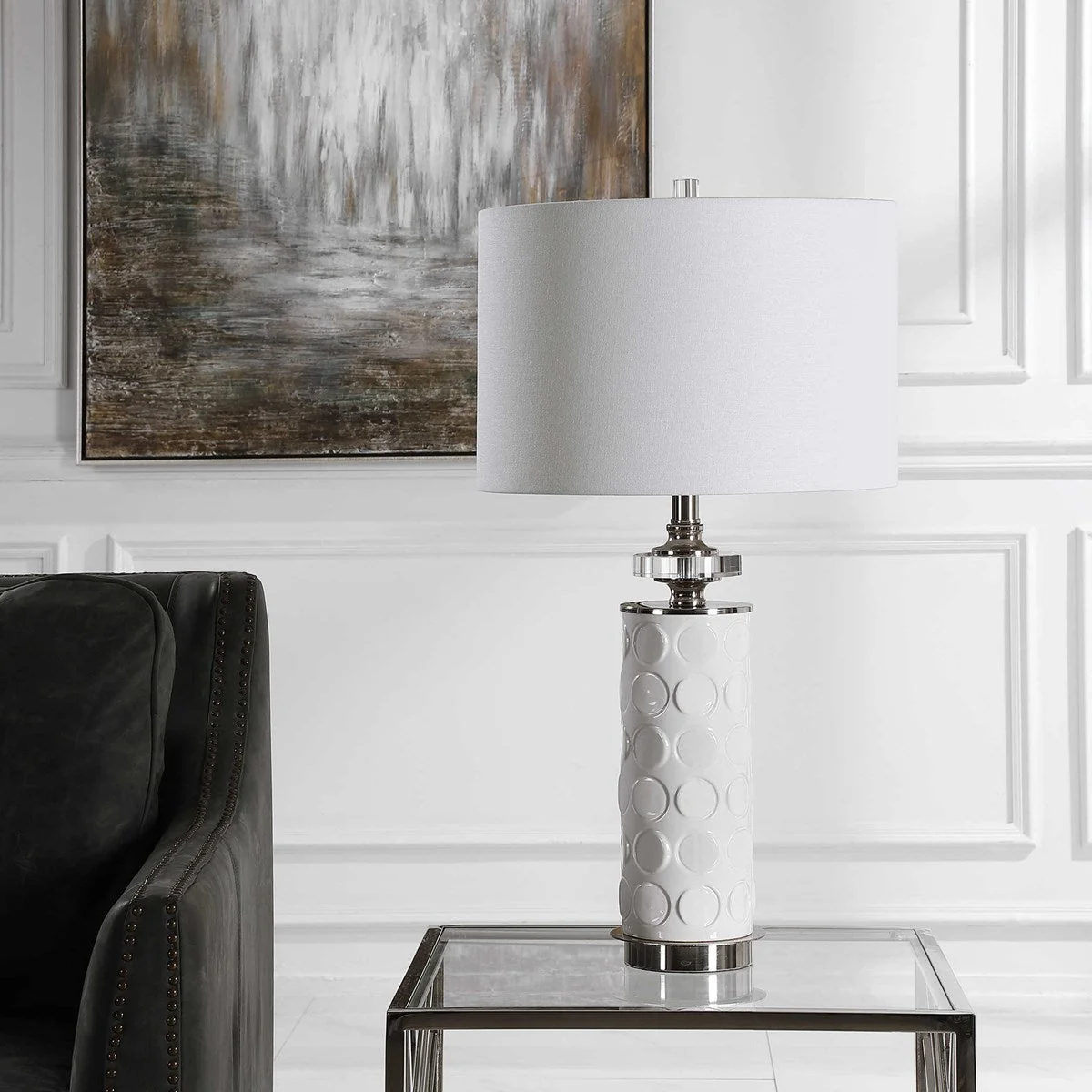 Uttermost Calia White Embossed Ceramic Table Lamp With Linen Shade - Image 5