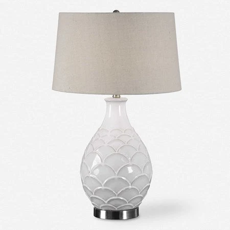 Uttermost Camellia Gloss White Glazed Embossed Ceramic Table Lamp With Oatmeal Linen Shade - Image 2